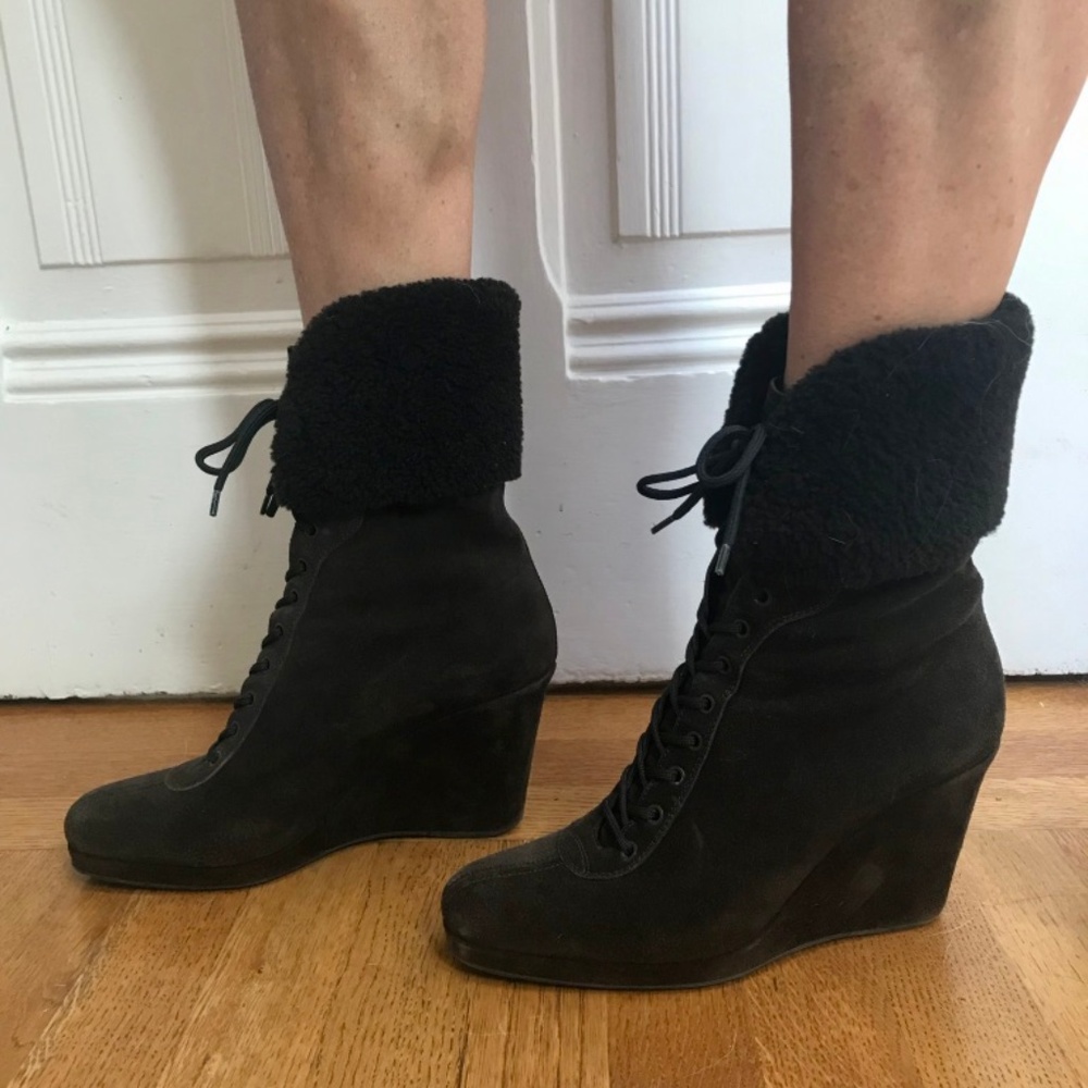 Prada Shearling Lace-Up Wedge Boot